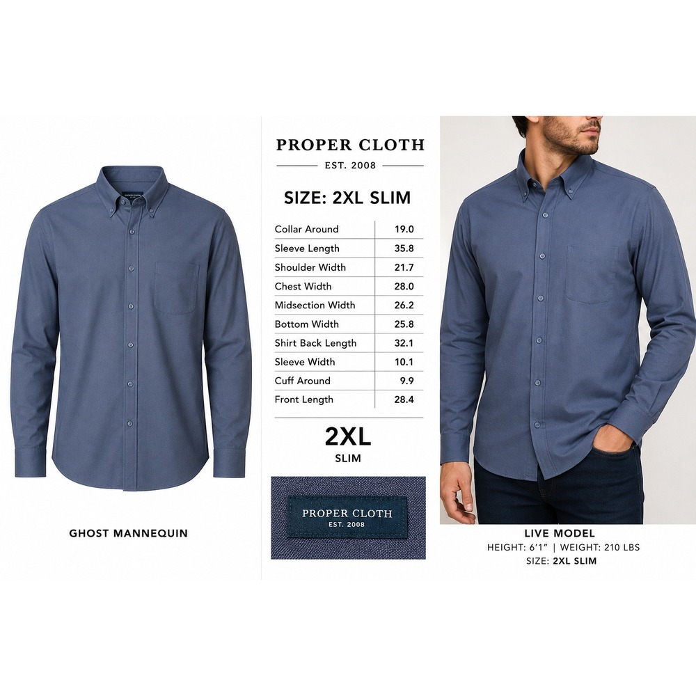 Proper Cloth Oxford Button Down Shirt Mens 2XL Blue Heavy Slim Long Sleeve